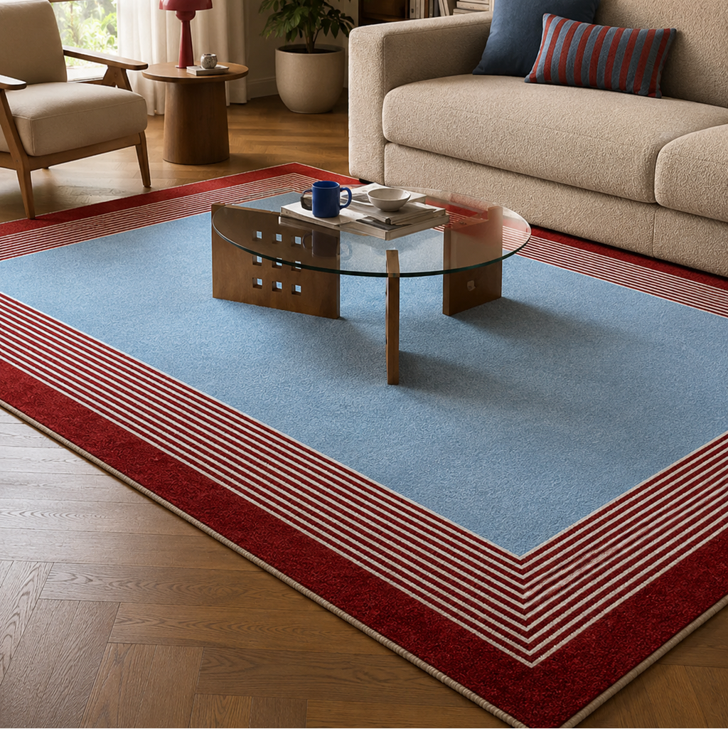 Tapis rectangulaire Riviera – centre bleu ciel et bordure rayée – rouge, blanc et bleu