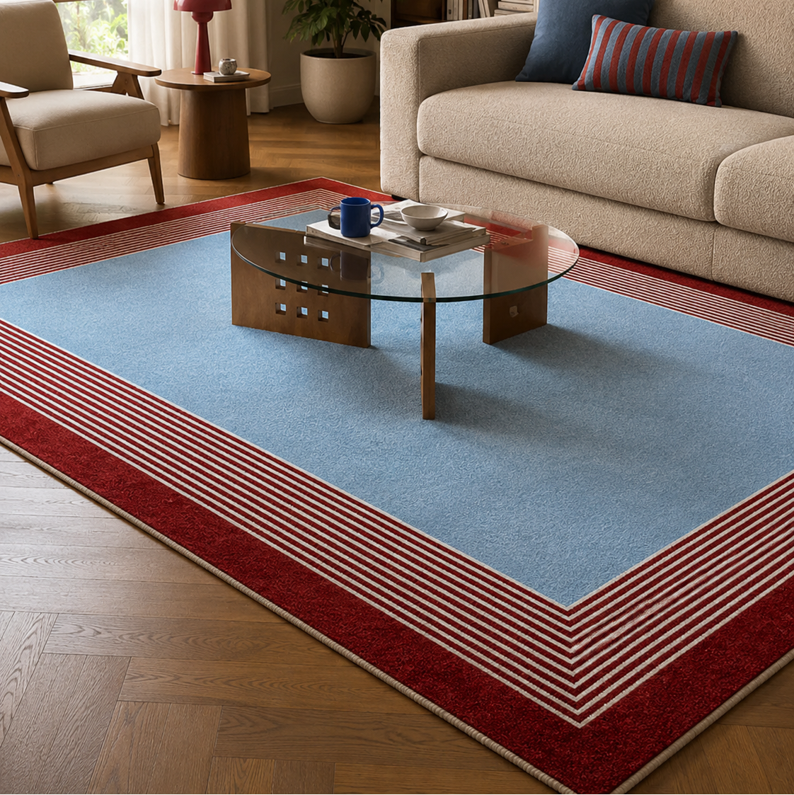 Tapis rectangulaire Riviera – centre bleu ciel et bordure rayée – rouge, blanc et bleu