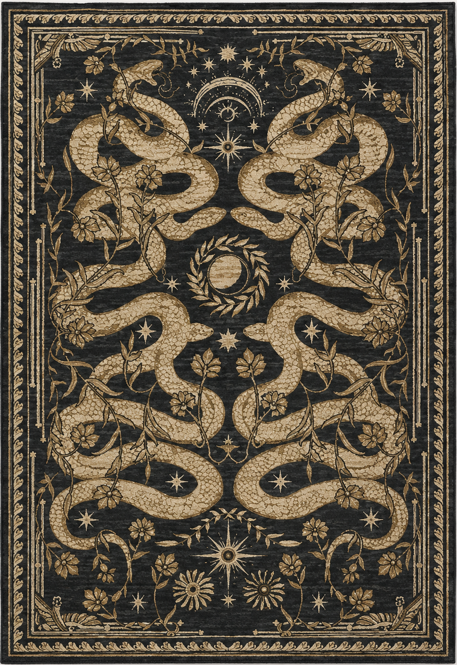 Tapis rectangulaire Nyx – serpents entrelacés et motifs célestes – noir, beige doré et brun
