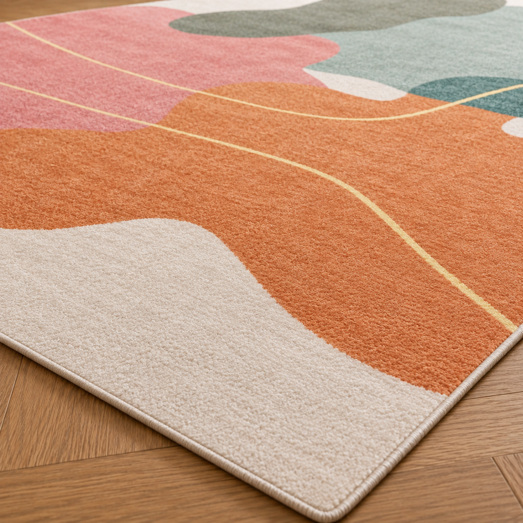 Tapis rectangulaire Soléa – style moderne – formes abstraites organiques – rose poudré, terracotta, bleu pastel et gris doux