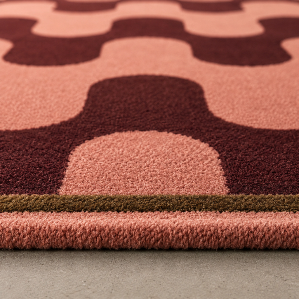 Tapis rectangulaire Terra – motif ondulé graphique – vieux rose, brun profond et vert olive