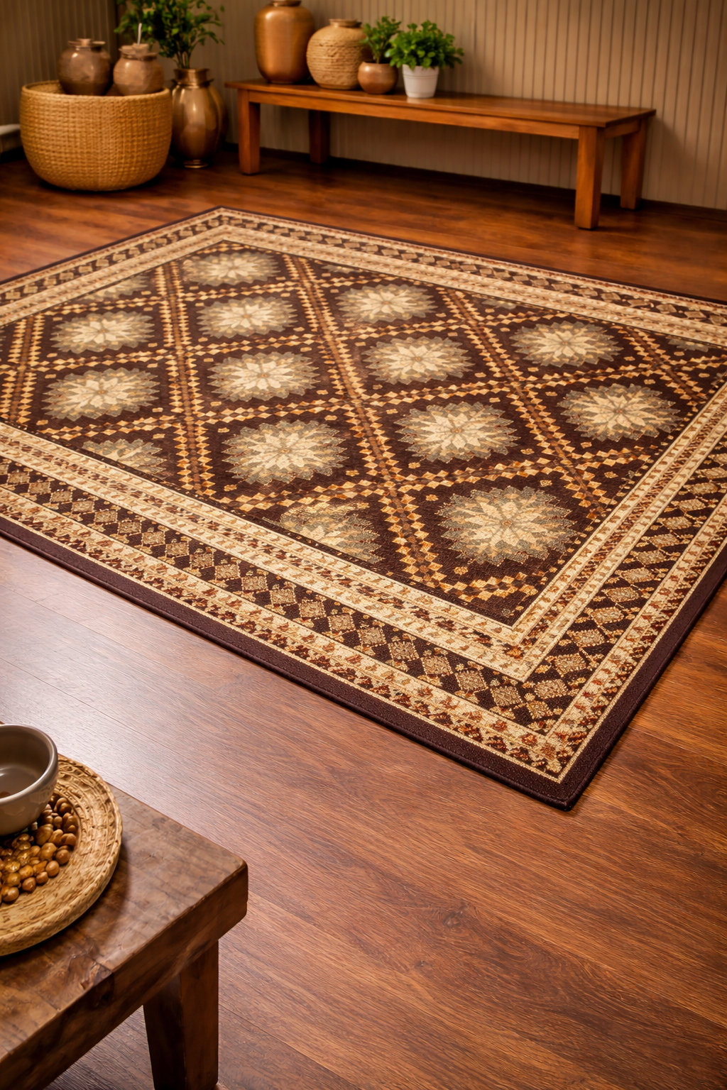 Tapis rectangulaire Zélia – motifs losanges et étoiles géométriques – tons naturels