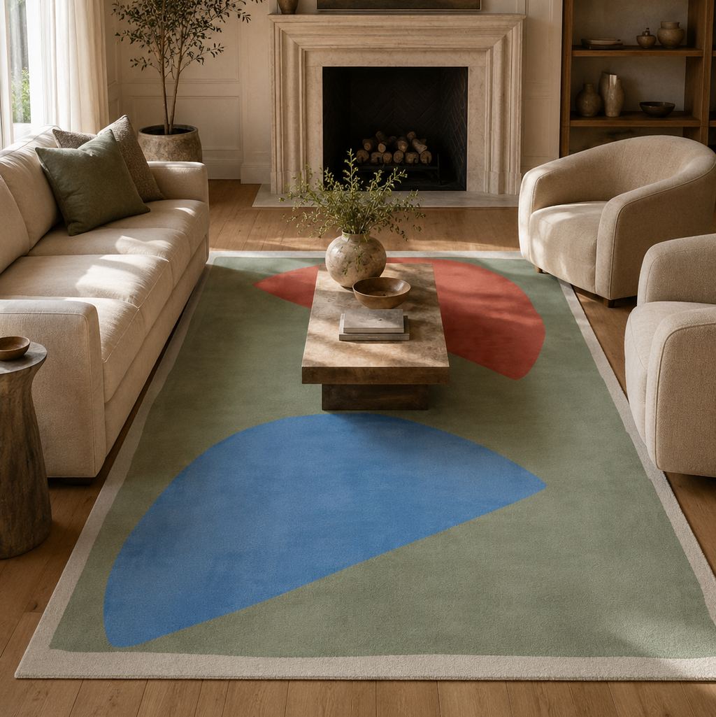 Tapis rectangulaire Lino – formes abstraites – vert sauge, bleu azur et terracotta