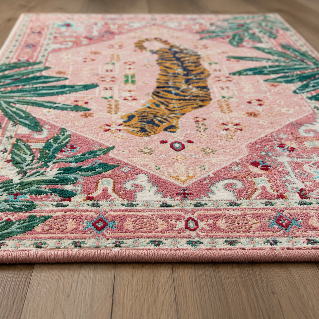 Tapis rectangulaire Nala – motif tigre tropical – rose poudré, vert palmier, orange et bleu nuit