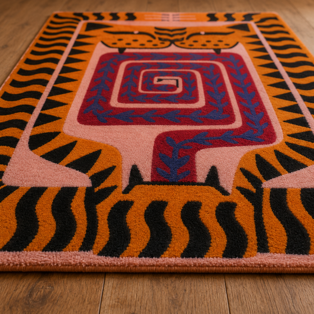 Tapis rectangulaire Tora – motif tigre graphique – orange, noir, rose et bleu profond