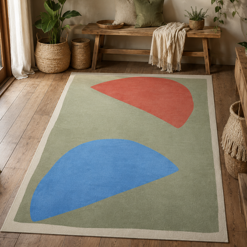 Tapis rectangulaire Lino – formes abstraites – vert sauge, bleu azur et terracotta