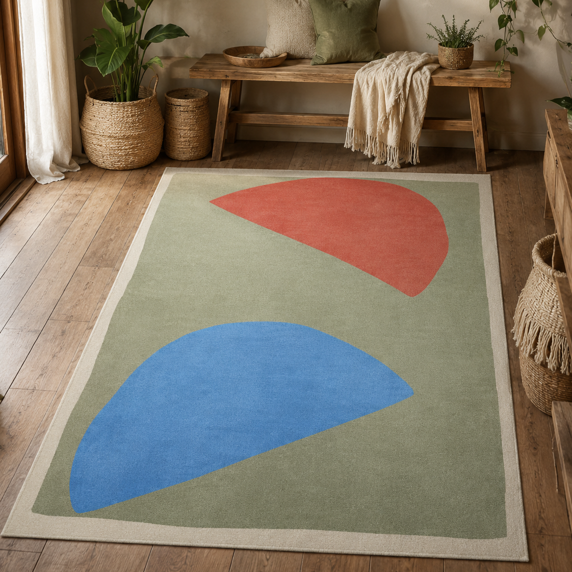 Tapis rectangulaire Lino – formes abstraites – vert sauge, bleu azur et terracotta
