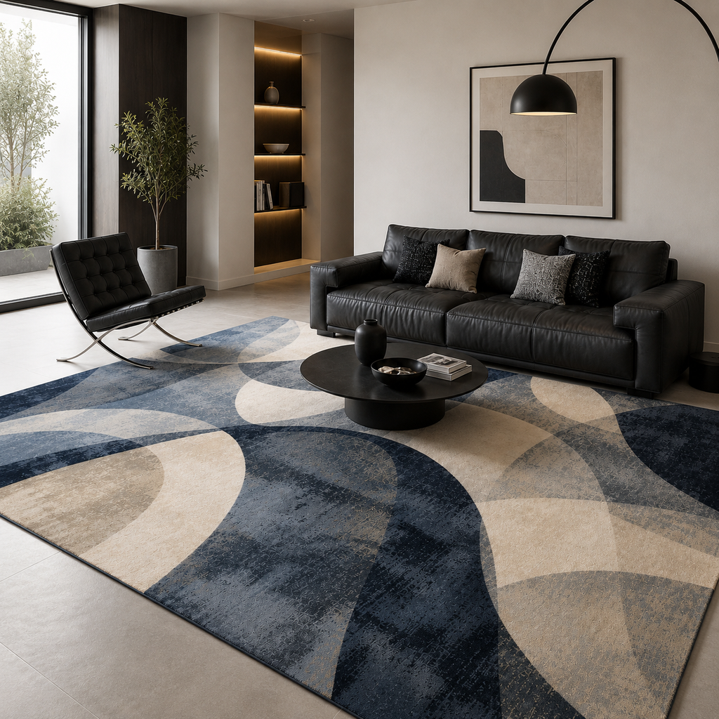 Tapis rectangulaire Éloria – style moderne – motifs abstraits gris, crème et bleu profond