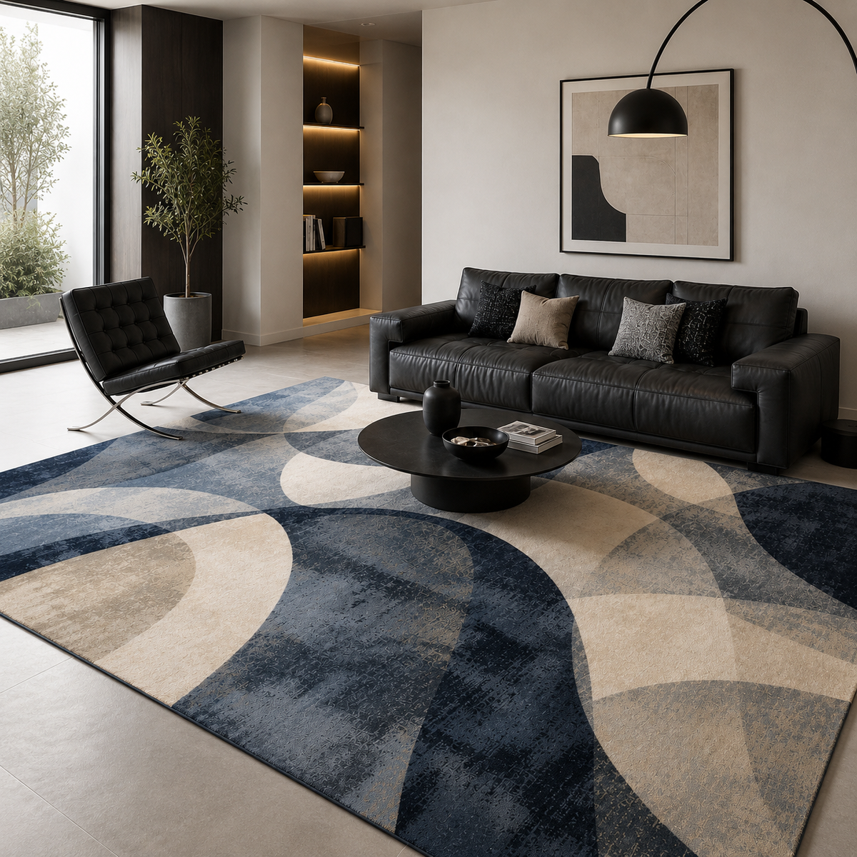 Tapis rectangulaire Éloria – style moderne – motifs abstraits gris, crème et bleu profond