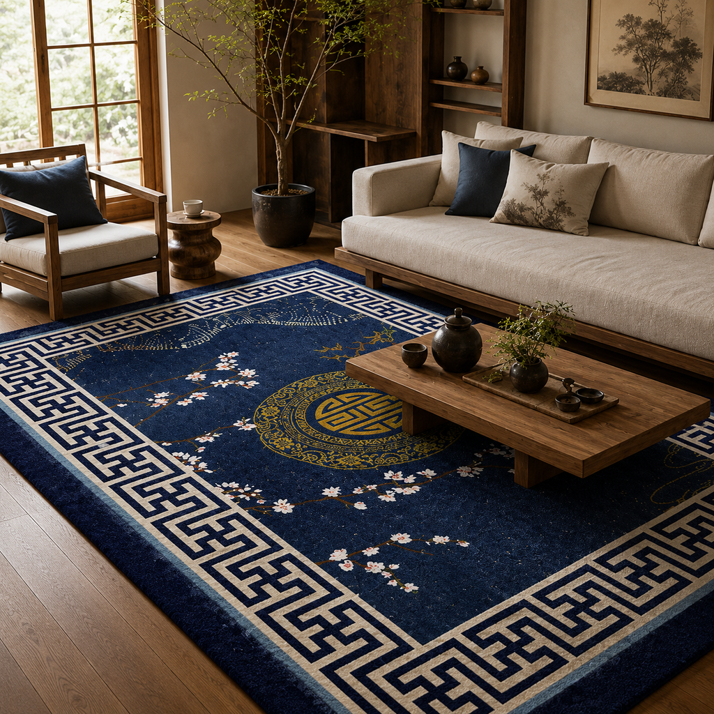 Tapis rectangulaire Hanami – style asiatique – bleu nuit, médaillon doré et motifs floraux