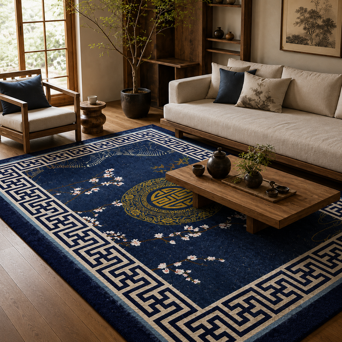 Tapis rectangulaire Hanami – style asiatique – bleu nuit, médaillon doré et motifs floraux