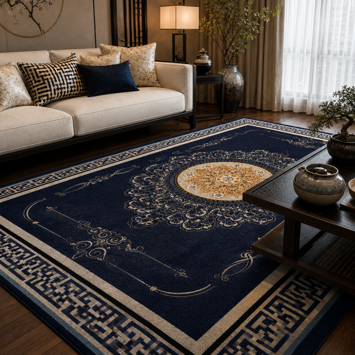 Tapis rectangulaire Mizuki – style asiatique – bleu nuit, médaillon doré et bordure géométrique