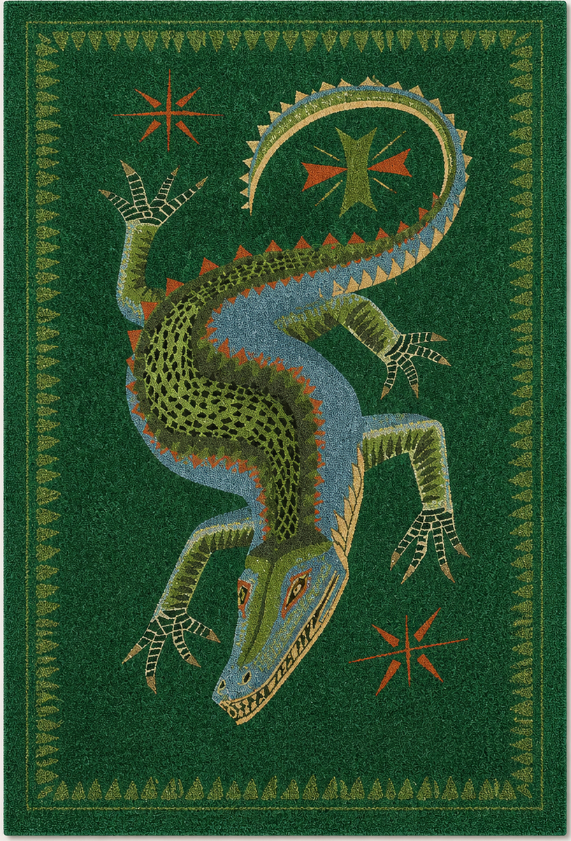 Tapis rectangulaire Croco – motif crocodile illustré – vert émeraude, bleu, olive et terracotta