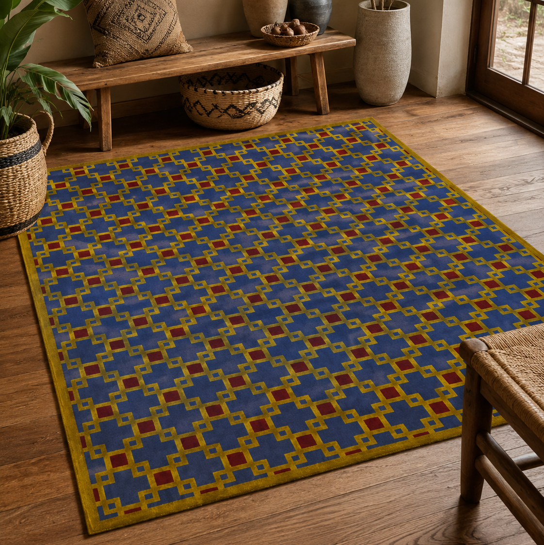 Tapis rectangulaire Soren – motif géométrique entrelacé – bleu profond, ocre et rouge brique