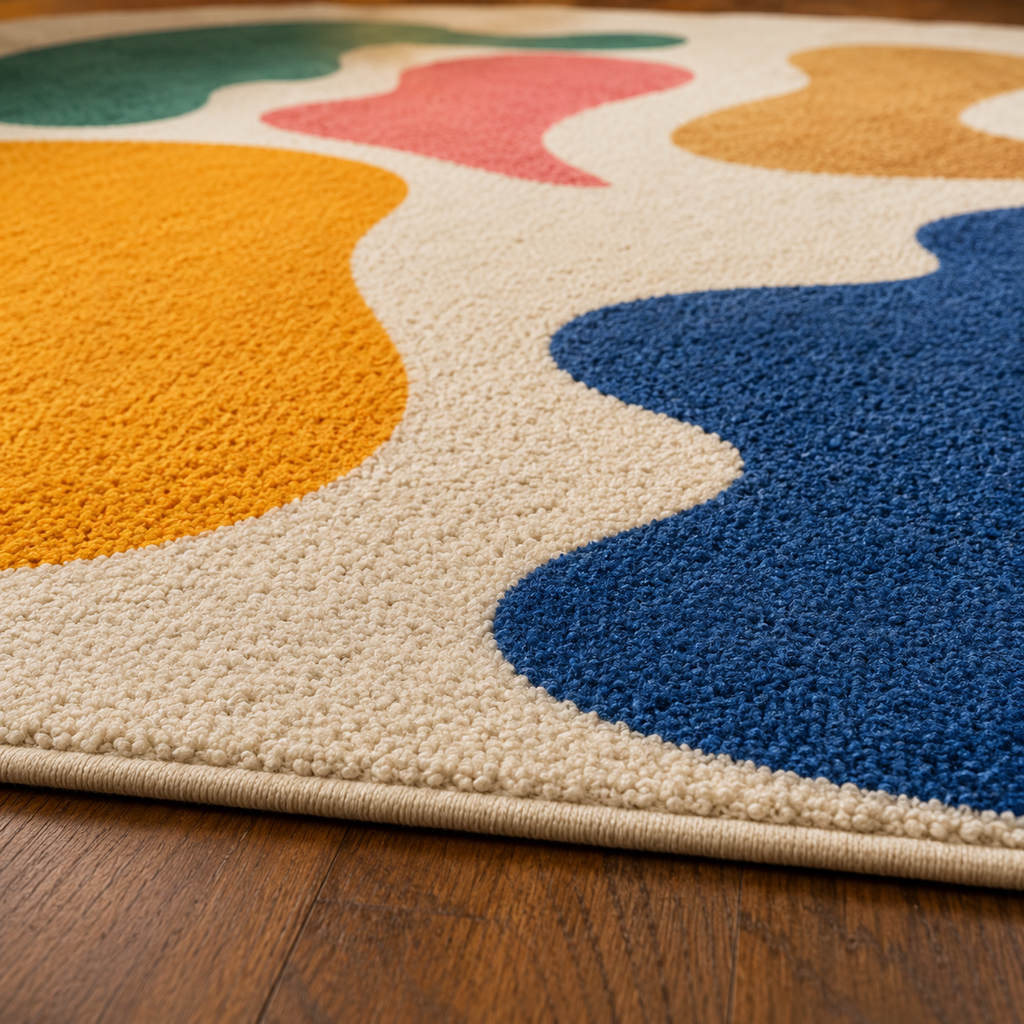 Tapis rectangulaire Arlo – style moderne  – formes organiques abstraites – crème, jaune ocre, bleu profond, vert et rose corail