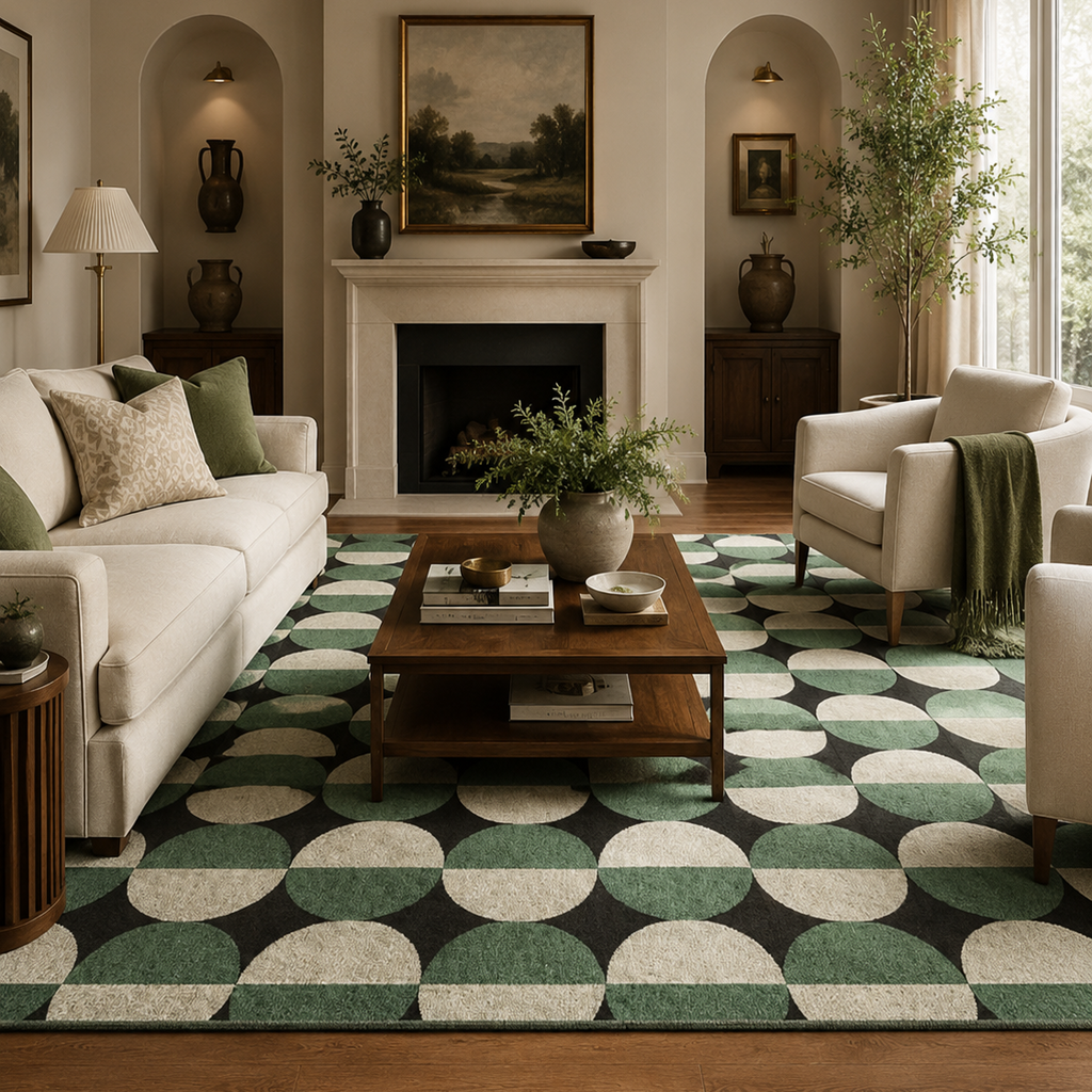 Tapis rectangulaire Verde – style moderne – motifs circulaires géométriques – vert sauge, crème et noir profond