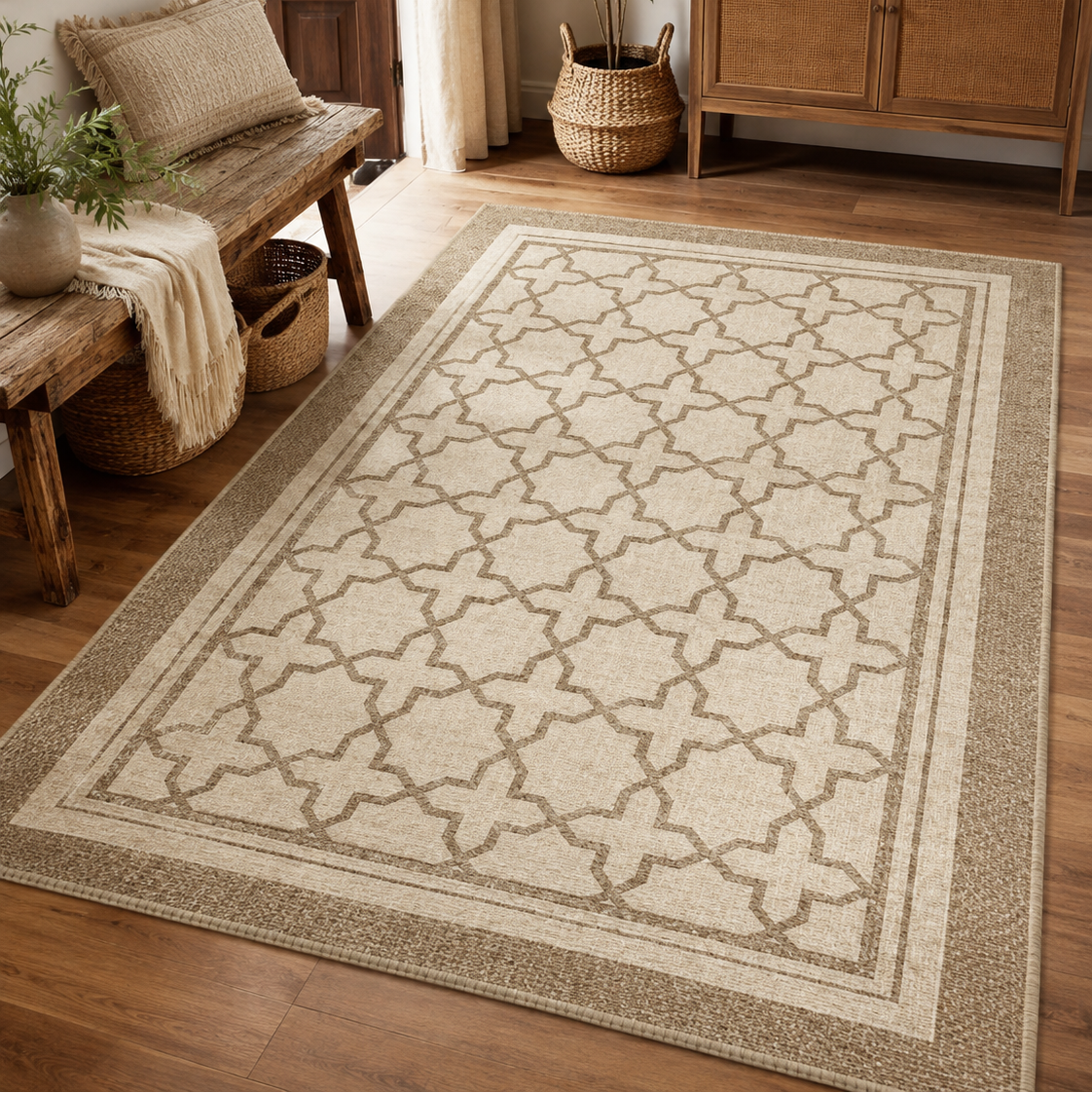 Tapis rectangulaire Maélio – style élégant – motifs géométriques beige et taupe