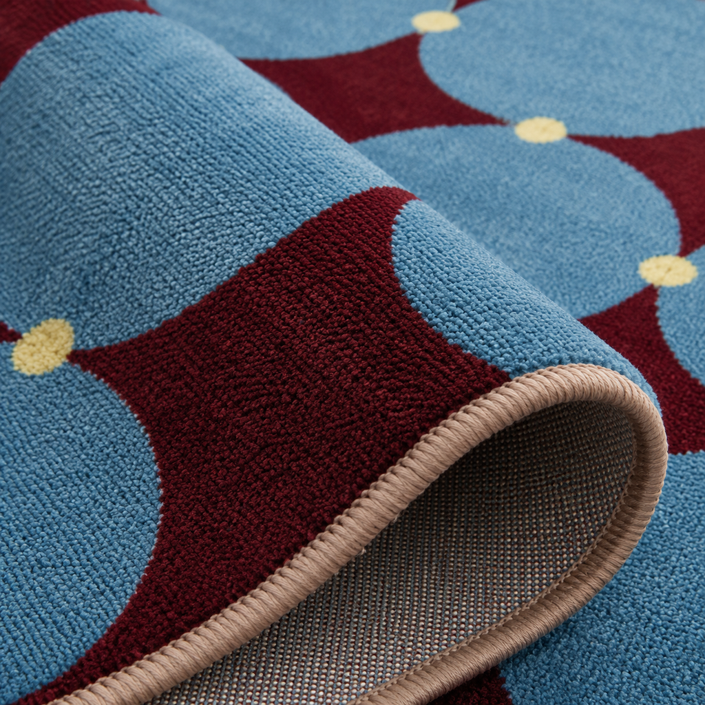 Tapis rectangulaire Nilo – motifs cercles graphiques – bleu ciel, bordeaux et beige clair