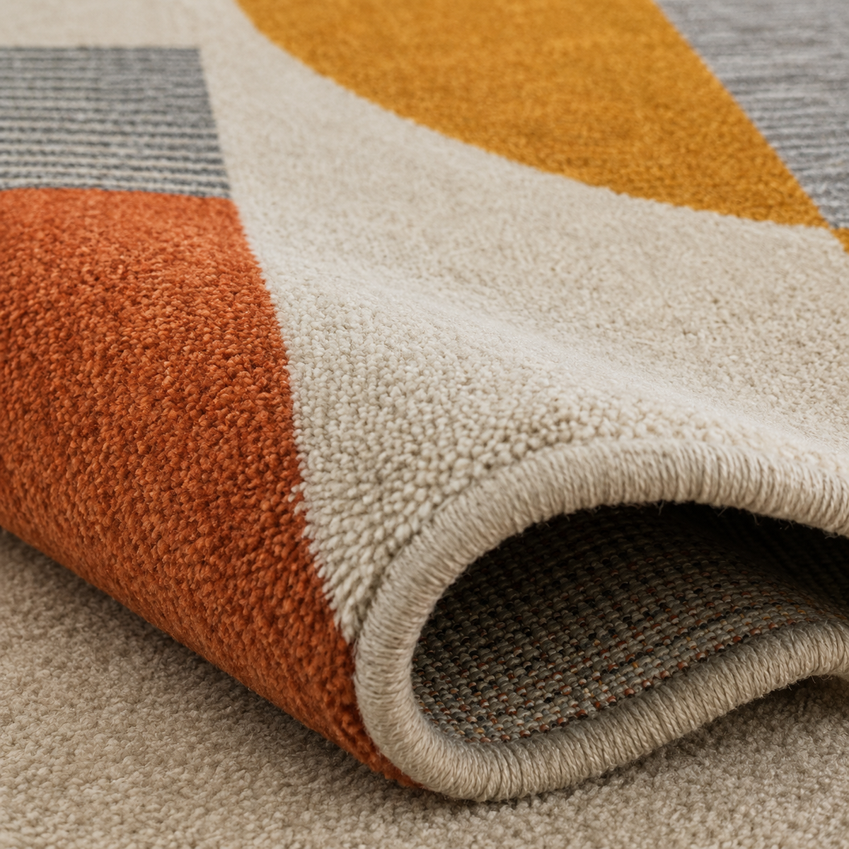 Tapis rectangulaire Soren – style moderne – motif géométrique abstrait – écru, ocre doré, terracotta et gris perle