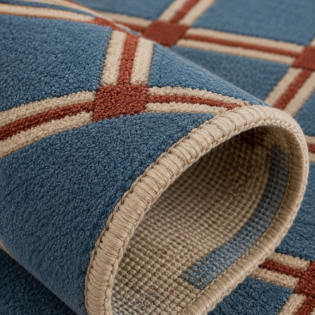 Tapis rectangulaire Atlas – motif géométrique quadrillé – bleu grisé, terracotta et écru