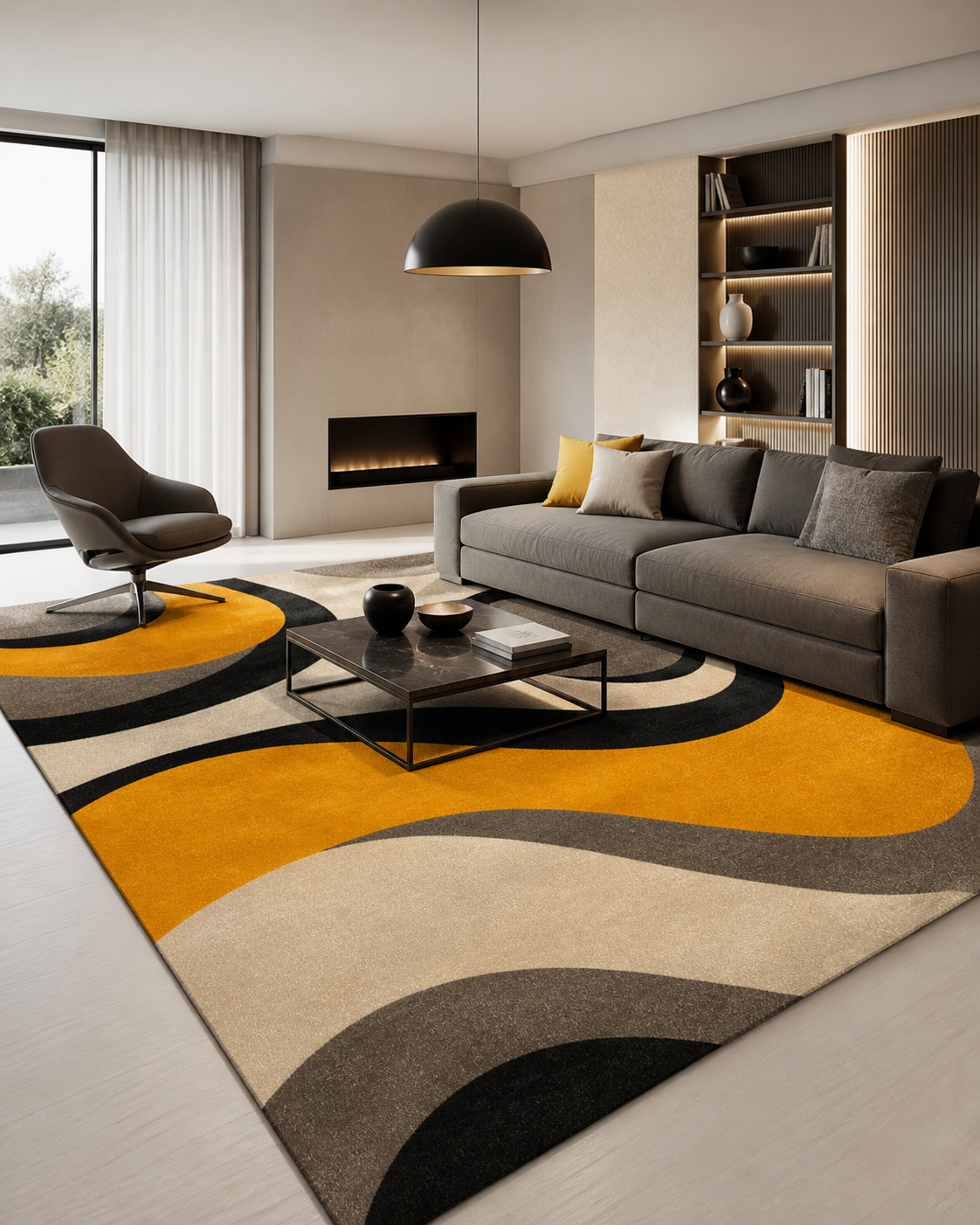 Tapis rectangulaire Solvane – style moderne – motifs abstraits beige, noir et jaune moutarde