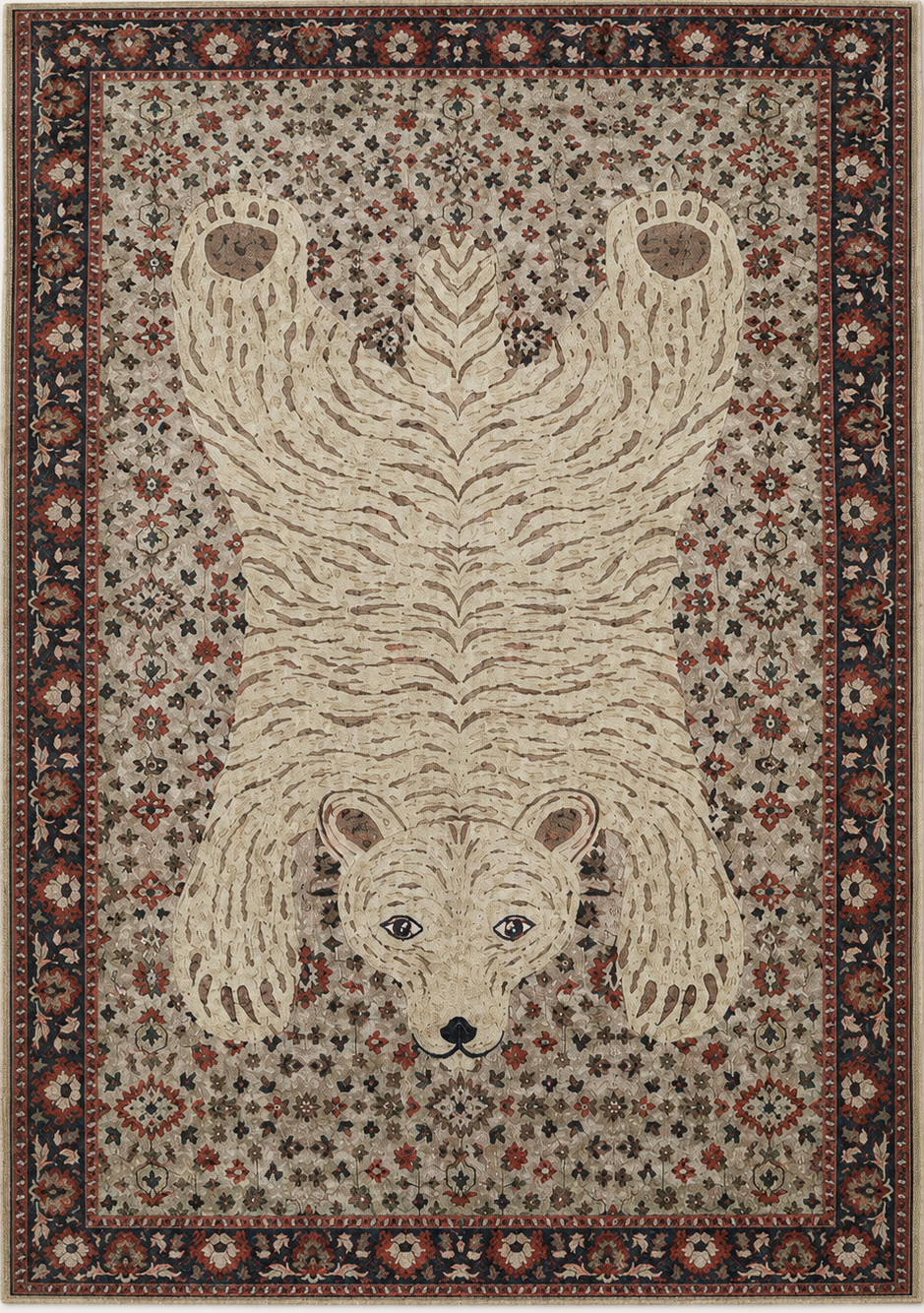 Tapis rectangulaire Numa – motif animalier allongé – écru, terracotta, bleu nuit et brun