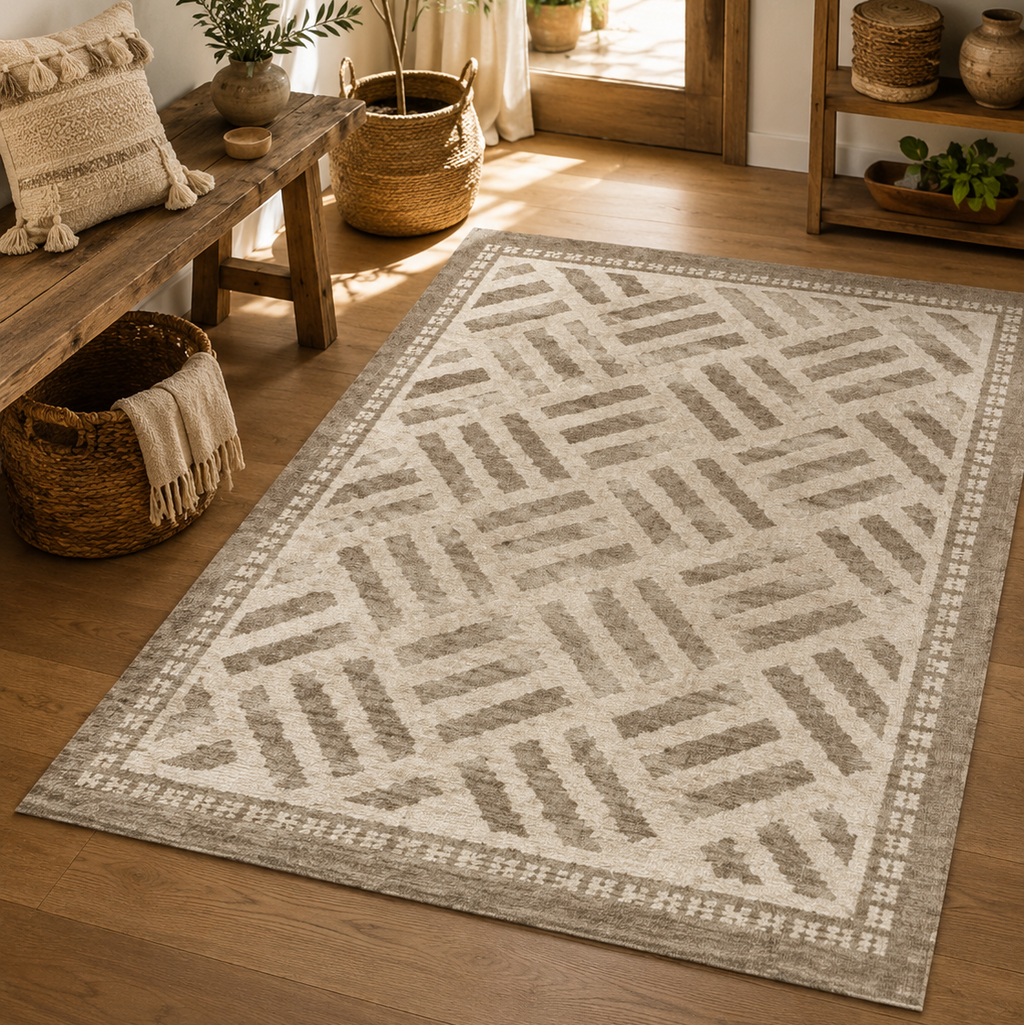 Tapis rectangulaire Lino – motif géométrique texturé – écru et beige taupe