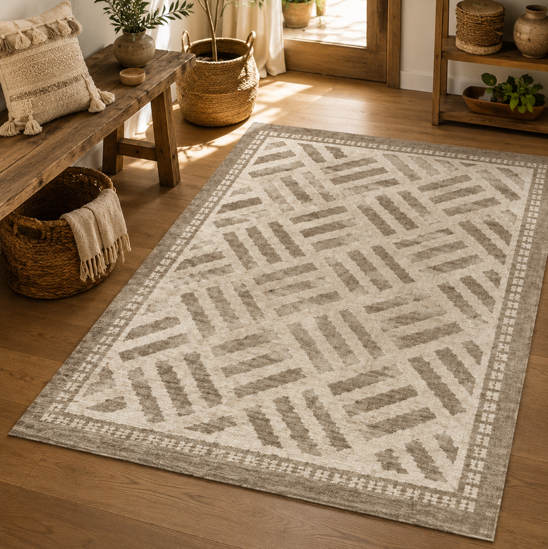 Tapis rectangulaire Lino – motif géométrique texturé – écru et beige taupe