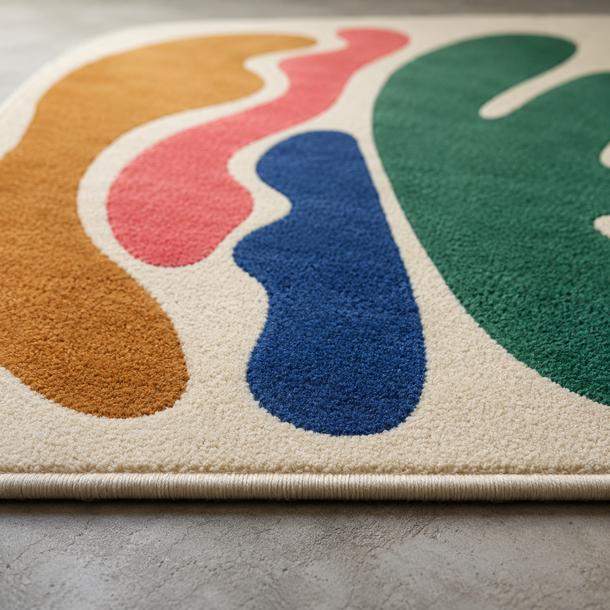 Tapis rectangulaire Aroa – formes organiques colorées – écru, vert profond, bleu, corail et camel
