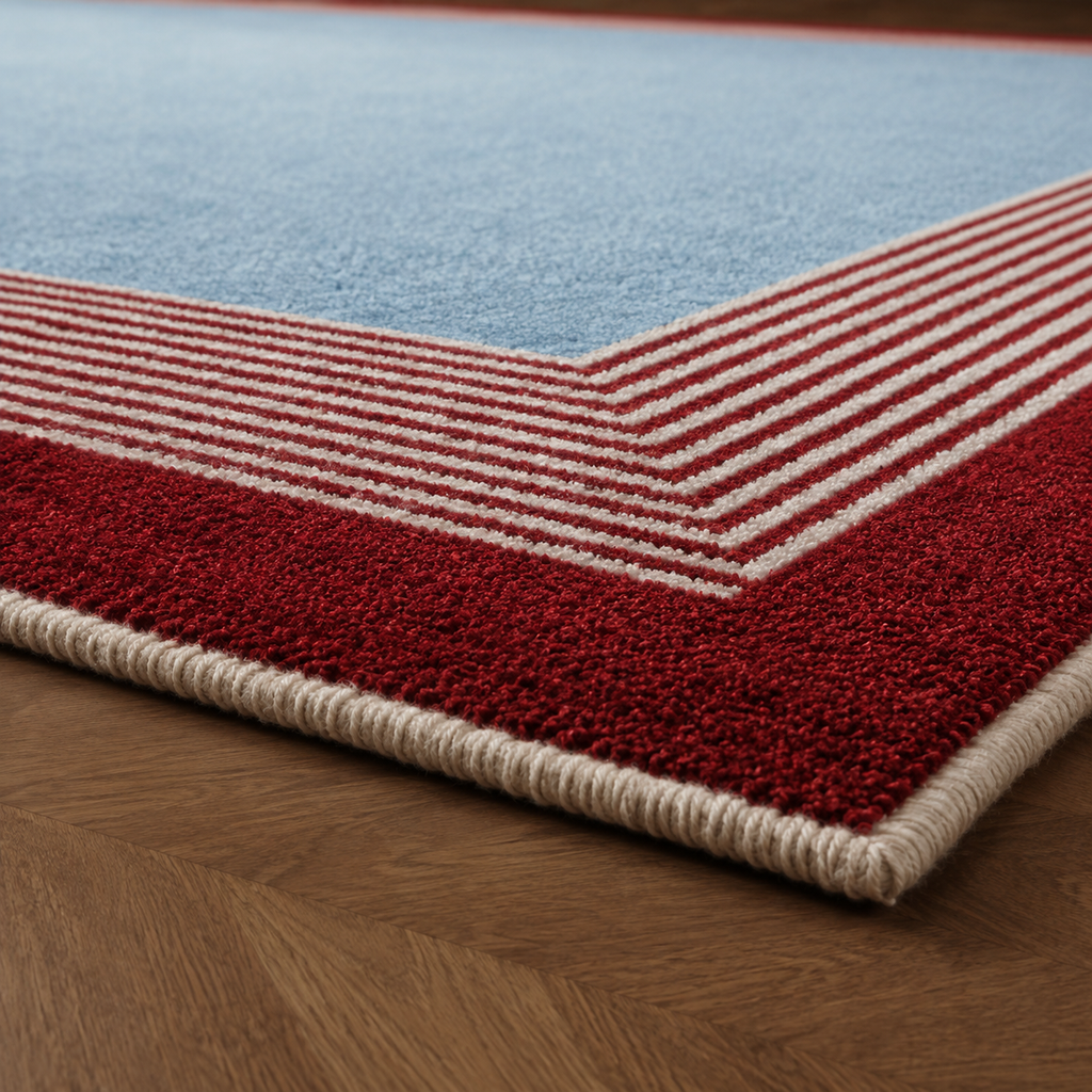 Tapis rectangulaire Riviera – centre bleu ciel et bordure rayée – rouge, blanc et bleu
