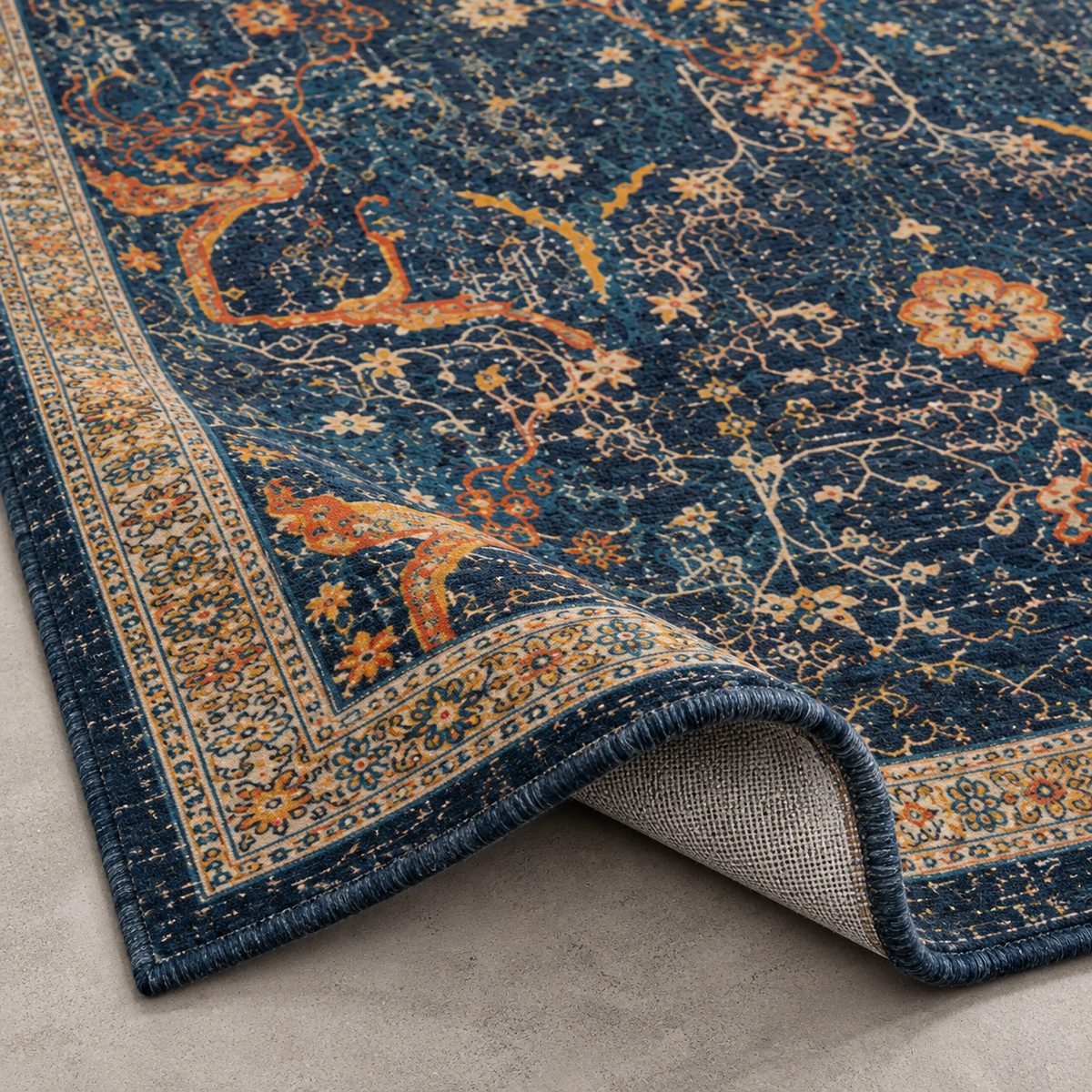 Tapis rectangulaire Azara – motifs floraux vintage – bleu nuit, terracotta, beige et ocre doré