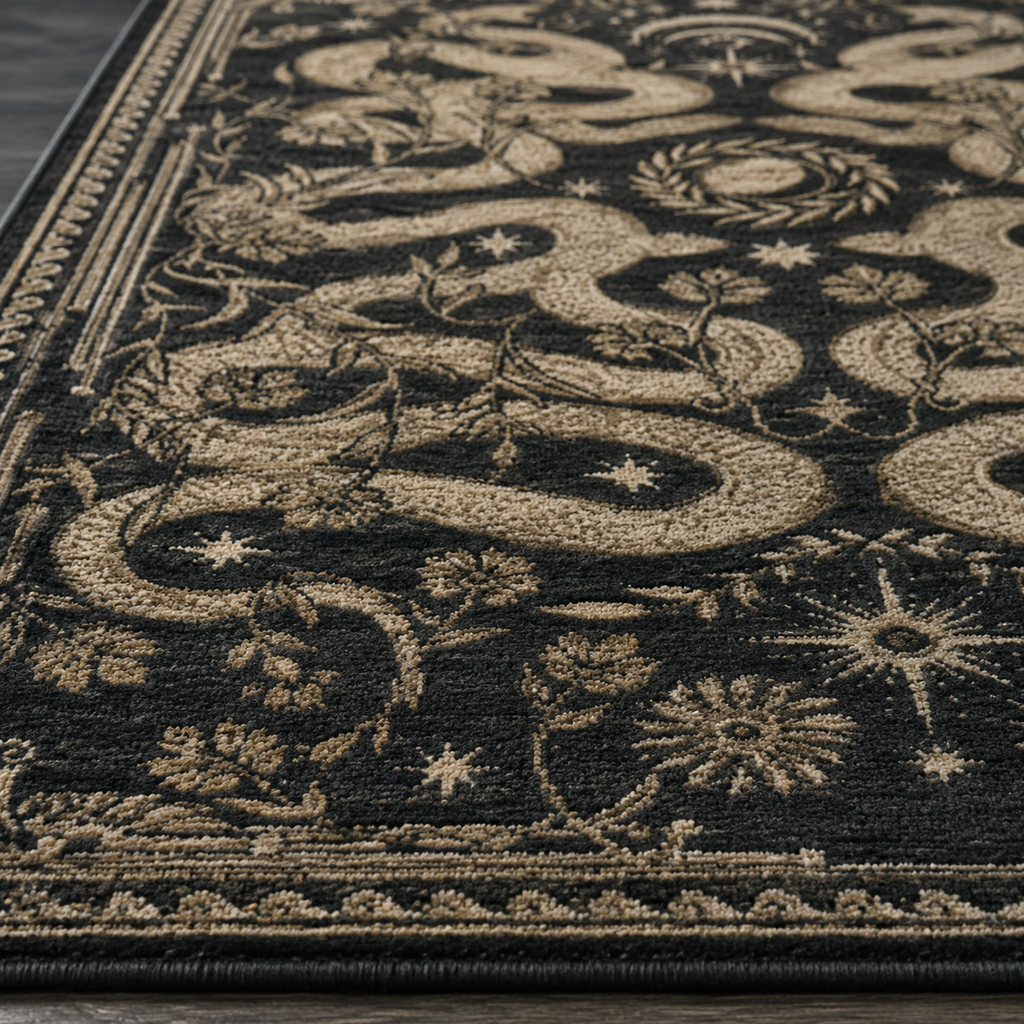 Tapis rectangulaire Nyx – serpents entrelacés et motifs célestes – noir, beige doré et brun