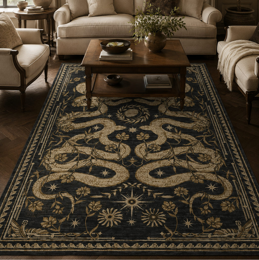 Tapis rectangulaire Nyx – serpents entrelacés et motifs célestes – noir, beige doré et brun