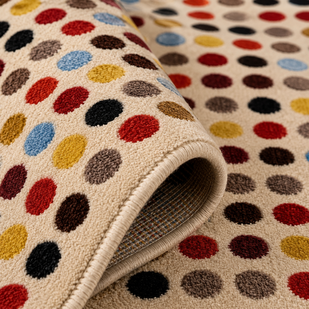 Tapis rectangulaire Mosaïque – pois multicolores – écru, terracotta, jaune, bleu ciel et brun