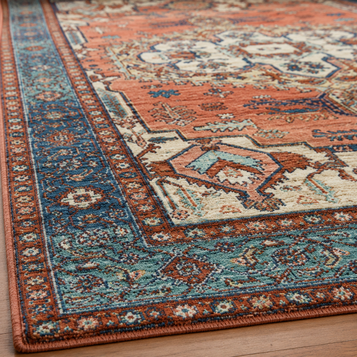 Tapis rectangulaire Samarkand – motifs orientaux vintage – terracotta, bleu canard, écru et beige