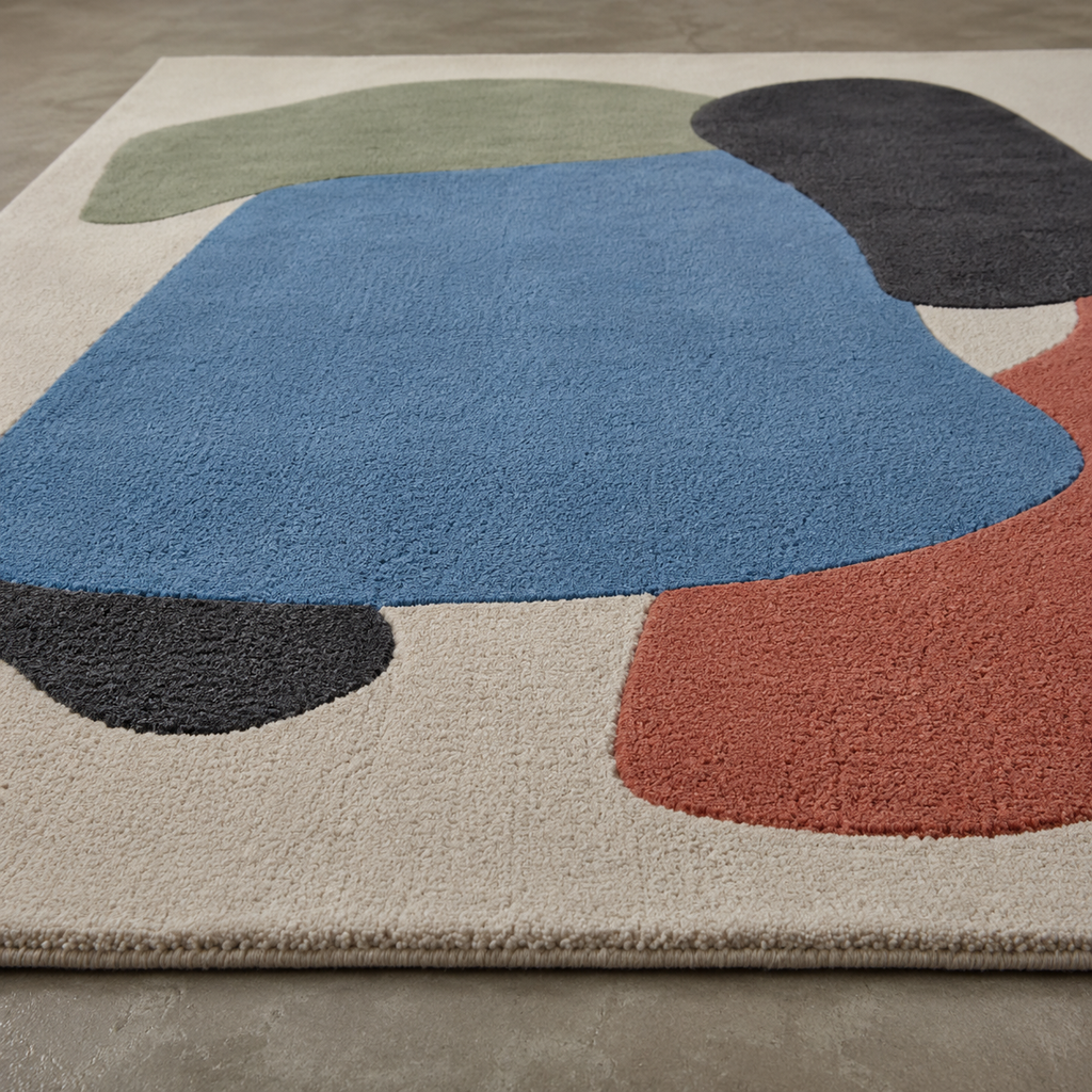 Tapis rectangulaire Néo – formes abstraites superposées – écru, bleu ciel, vert sauge, anthracite et terracotta