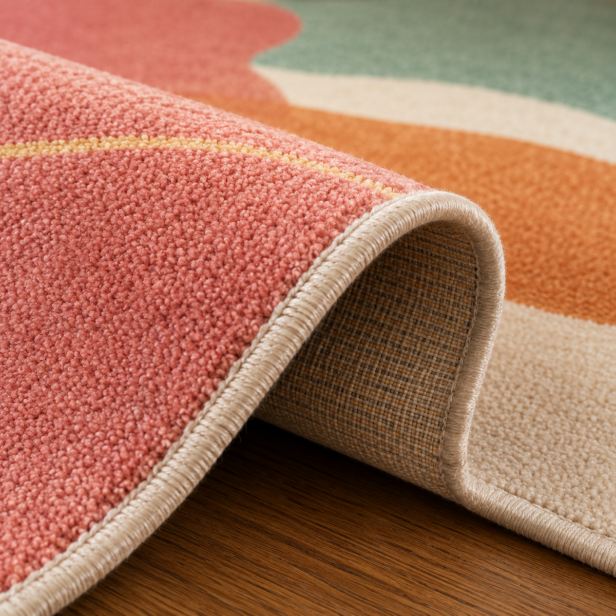 Tapis rectangulaire Soléa – style moderne – formes abstraites organiques – rose poudré, terracotta, bleu pastel et gris doux