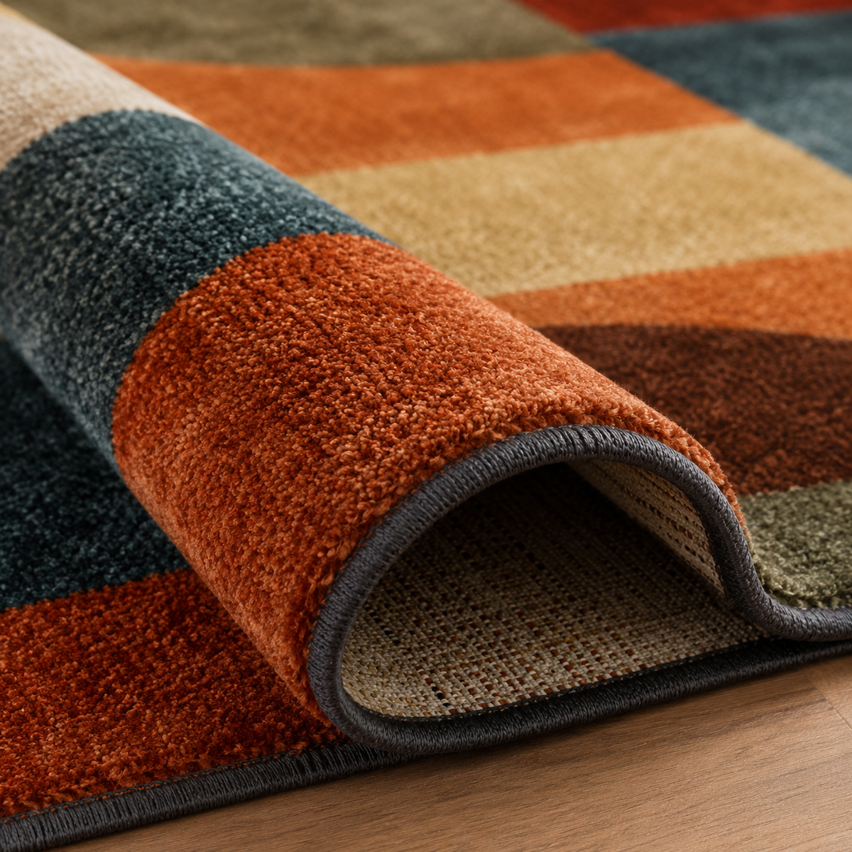 Tapis rectangulaire Miro – style moderne – motifs géométriques abstraits – terracotta, bleu profond, beige et vert kaki