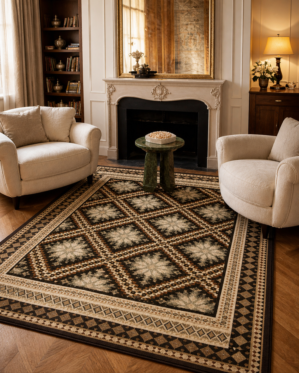 Tapis rectangulaire Zélia – motifs losanges et étoiles géométriques – tons naturels