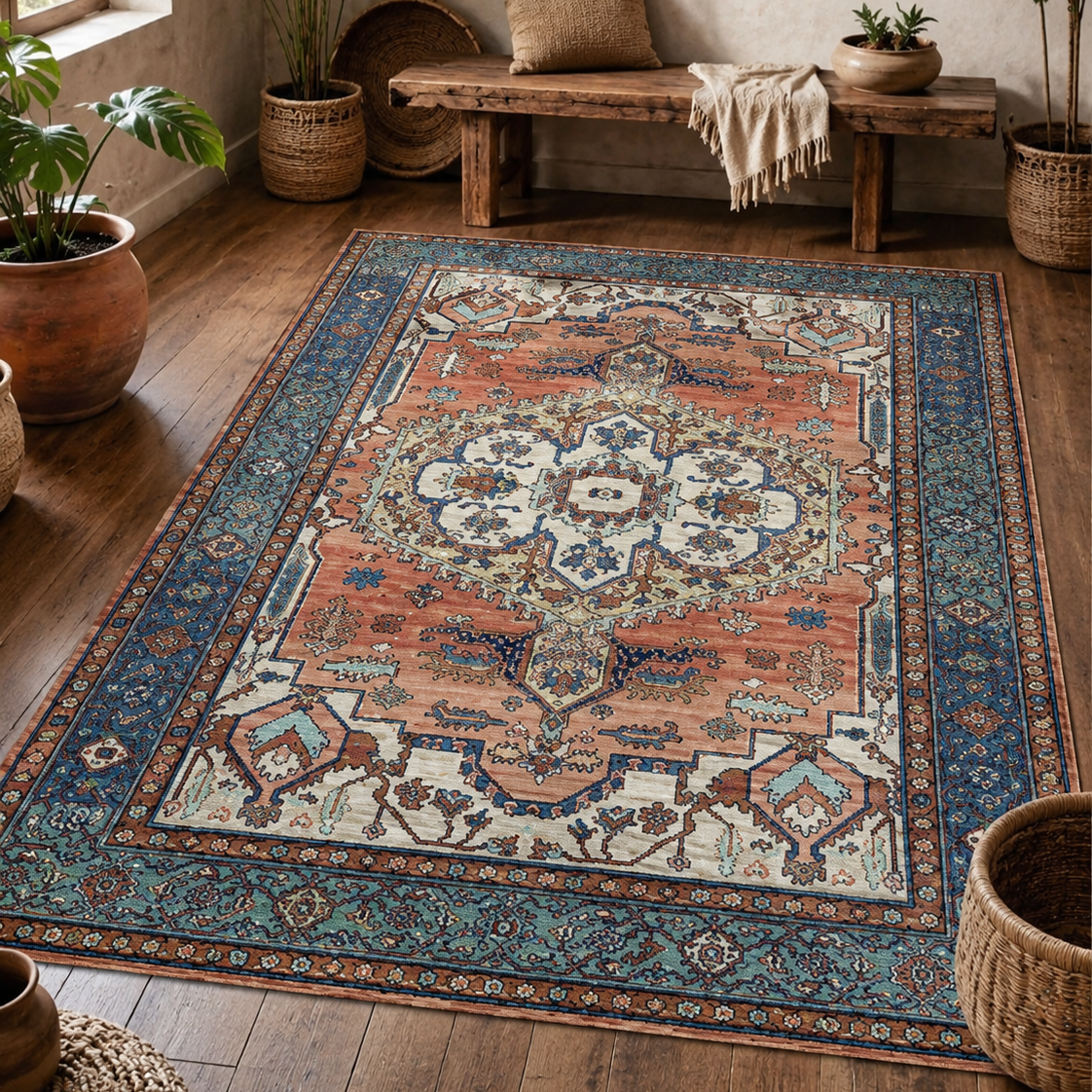 Tapis rectangulaire Samarkand – motifs orientaux vintage – terracotta, bleu canard, écru et beige