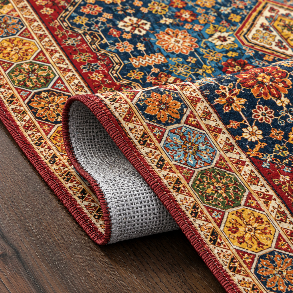 Tapis rectangulaire Naïra – motifs losanges géométriques – bleu azur, ocre et rouge brique