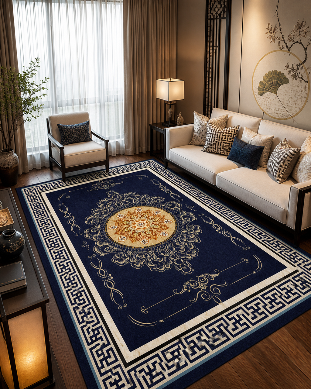Tapis rectangulaire Mizuki – style asiatique – bleu nuit, médaillon doré et bordure géométrique