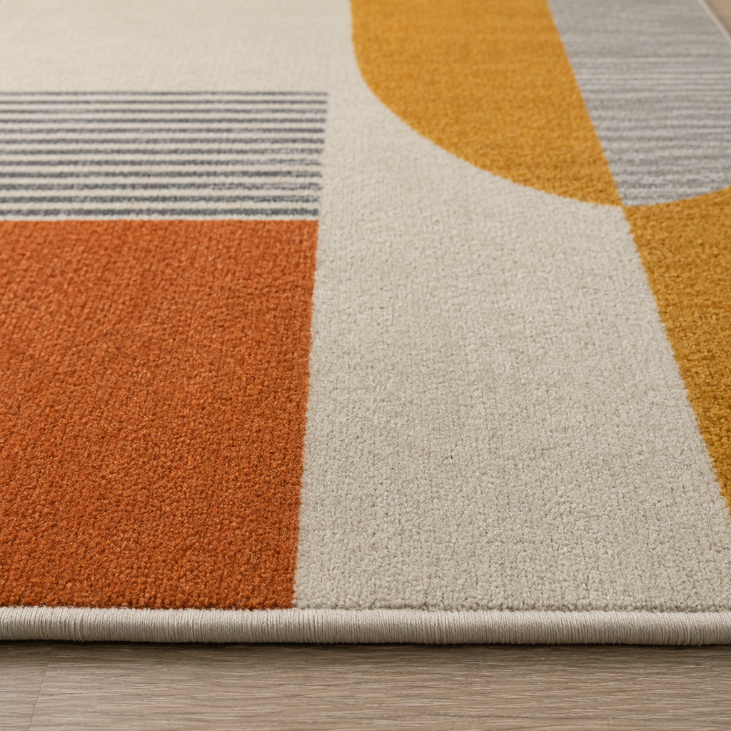 Tapis rectangulaire Soren – style moderne – motif géométrique abstrait – écru, ocre doré, terracotta et gris perle