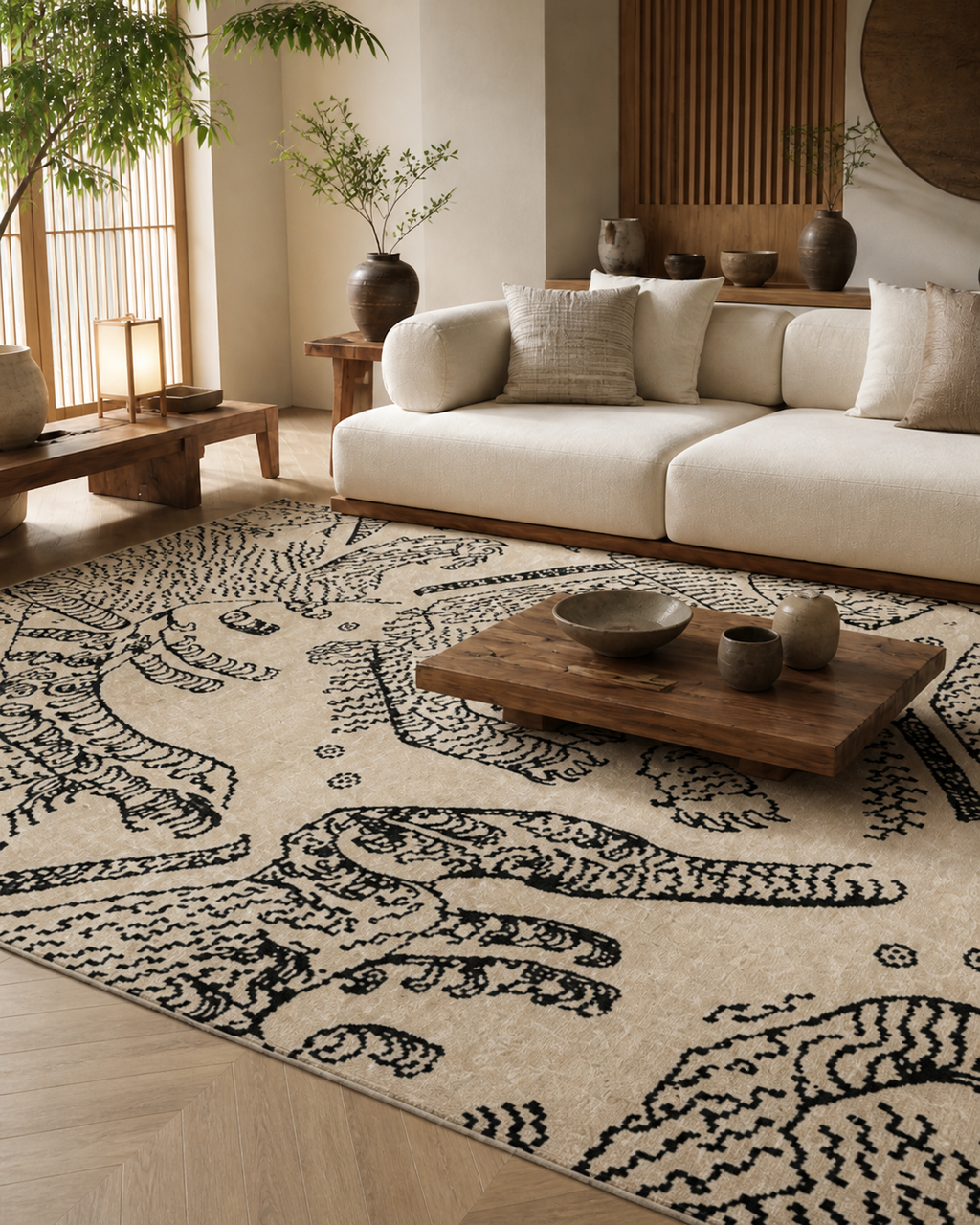 Tapis rectangulaire Kaïro – style asiatique graphique – fond écru et motifs tigres noirs