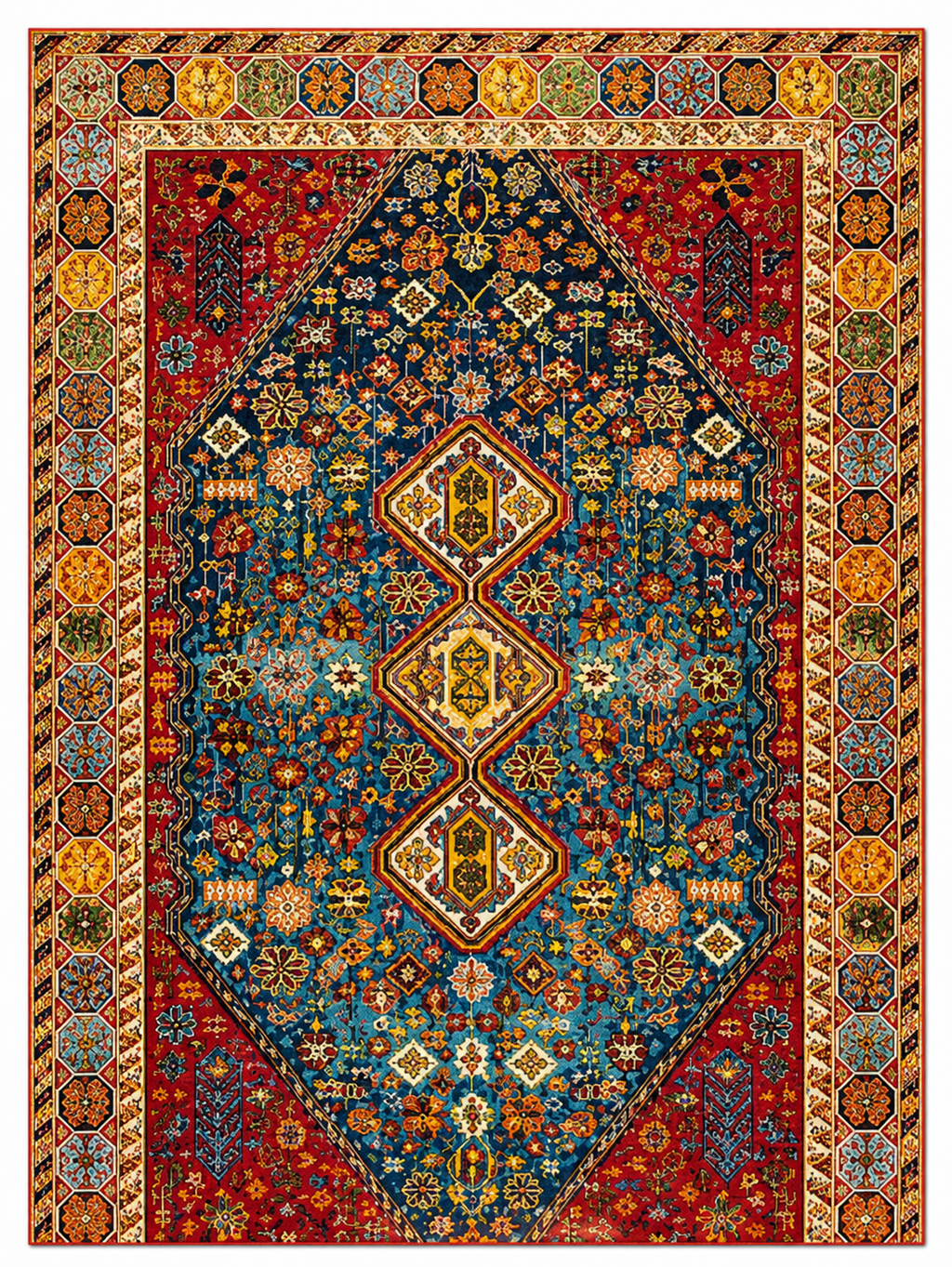 Tapis rectangulaire Naïra en laine – motifs losanges géométriques – bleu azur, ocre et rouge brique