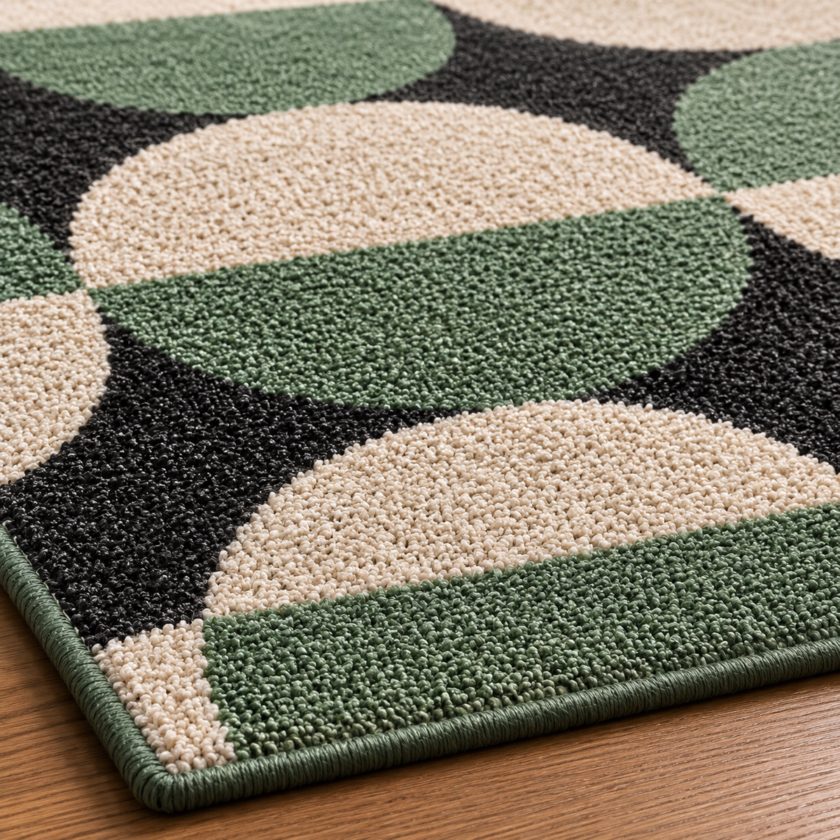 Tapis rectangulaire Verde – style moderne – motifs circulaires géométriques – vert sauge, crème et noir profond
