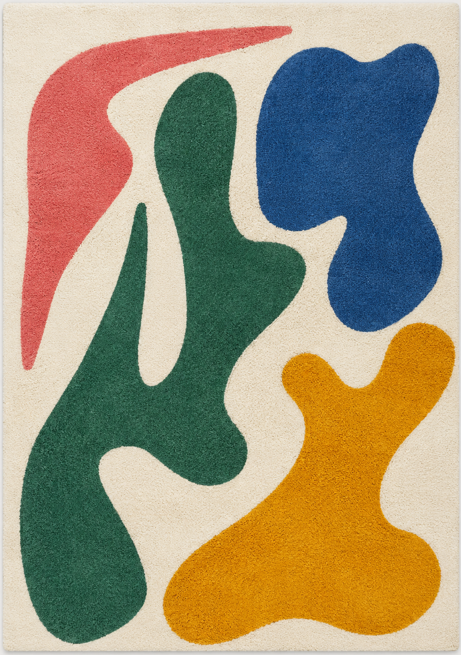 Tapis rectangulaire Cala – formes organiques colorées – écru, vert profond, bleu, corail et jaune ocre