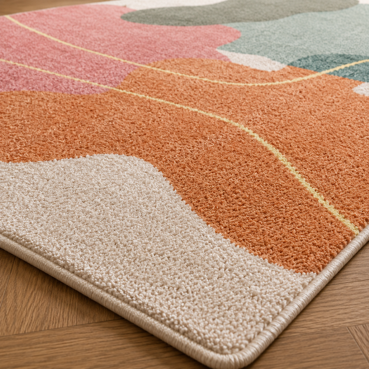 Tapis rectangulaire Soléa – style moderne – formes abstraites organiques – rose poudré, terracotta, bleu pastel et gris doux